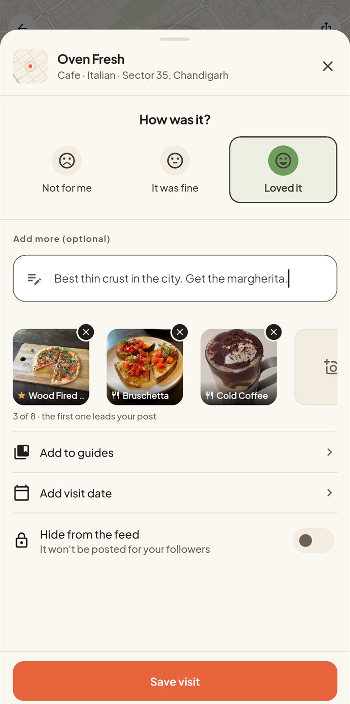 Logging a visit with a rating and dish photos